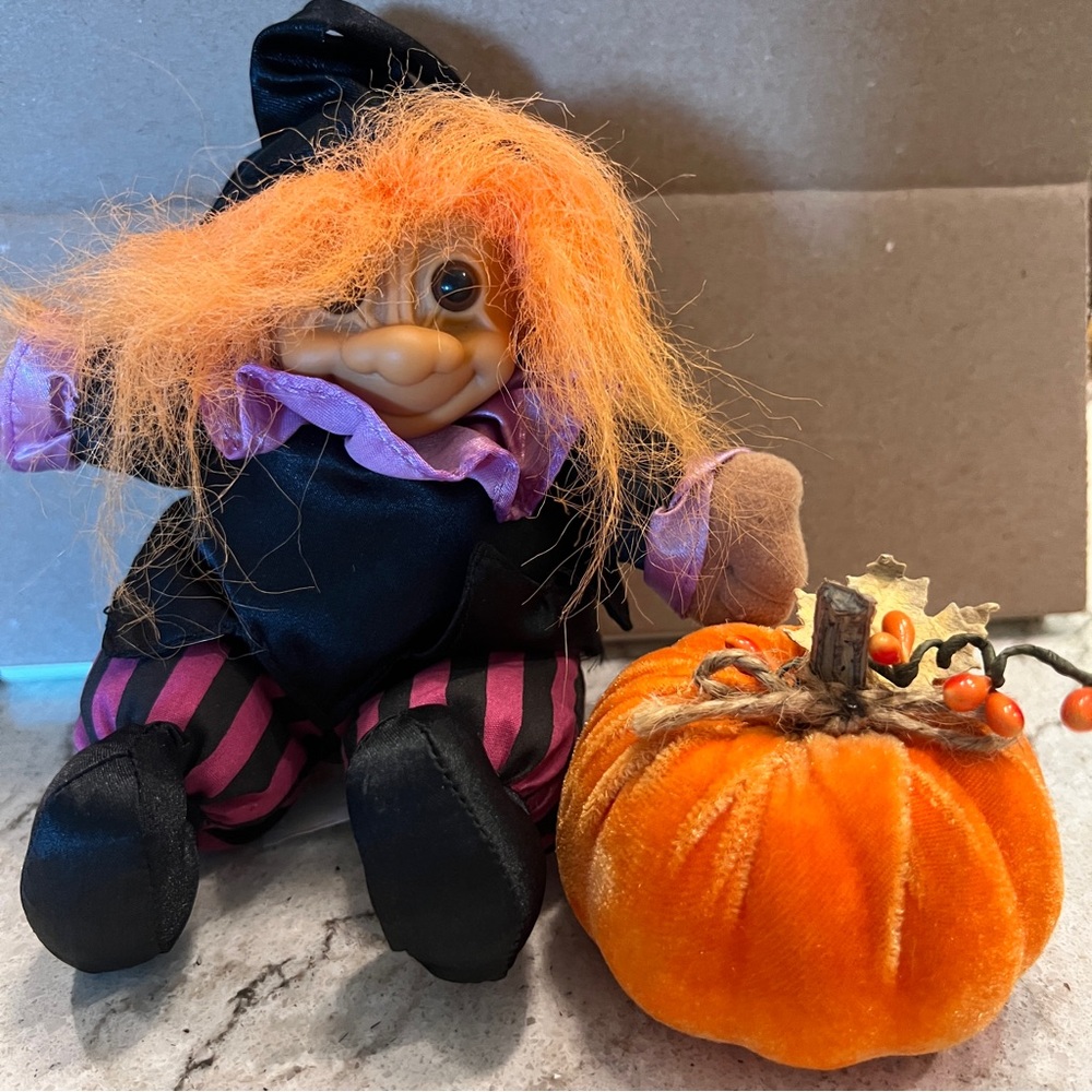 Vintage Russ Troll Witch Doll Orange Hair Plush Halloween Sitting 7 Inches Tall